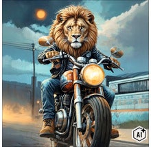 Leeuw als motorrijder op een motorfiets op een weg in de open lucht. (Image AI modified or generated)