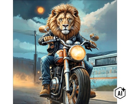 Leeuw als motorrijder op een motorfiets op een weg in de open lucht. (Image AI modified or generated)