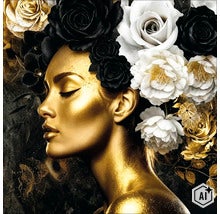 Wanddecoratie met een portret van een vrouw met een gouden gezicht en een bloemenkrans van rozen (Image AI modified or generated)