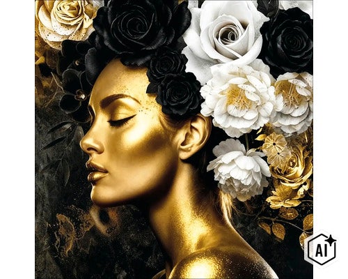 Wanddecoratie met een portret van een vrouw met een gouden gezicht en een bloemenkrans van rozen (Image AI modified or generated)