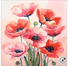 Wanddecoratie met een aquarelmotief van klaprozen in verschillende stadia van bloei op een lichte ondergrond. (Image AI modified or generated)