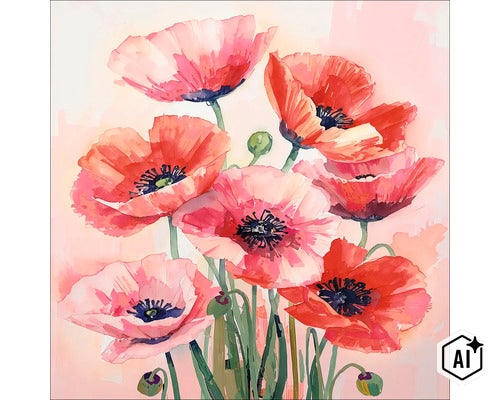 Wanddecoratie met een aquarelmotief van klaprozen in verschillende stadia van bloei op een lichte ondergrond. (Image AI modified or generated)