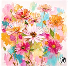 Wanddecoratie met abstract schilderij van bloemen in levendige kleuren op canvas in moderne stijl (Image AI modified or generated)