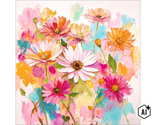 Wanddecoratie met abstract schilderij van bloemen in levendige kleuren op canvas in moderne stijl (Image AI modified or generated)