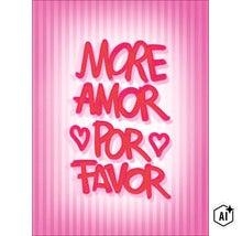 Wanddecoratie met tekst More Amor por favor en harten op een gestreepte achtergrond (Image AI modified or generated)