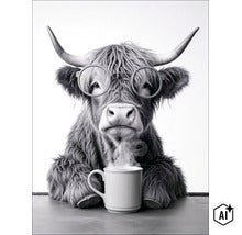 Een harige Schotse hooglander met een bril en een dampende kop koffie aan een tafel. (Image AI modified or generated)
