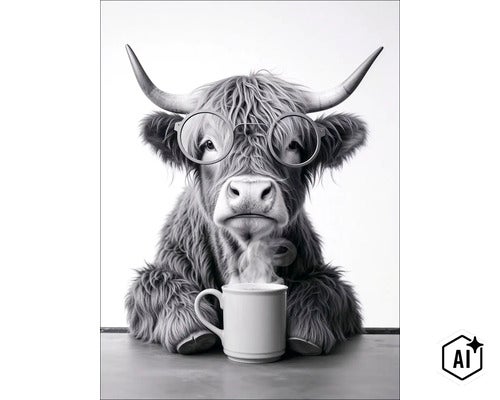 Een harige Schotse hooglander met een bril en een dampende kop koffie aan een tafel. (Image AI modified or generated)