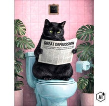 Een zwarte kat zit op een toilet en leest een krant in een betegelde badkamer met planten. (Image AI modified or generated)