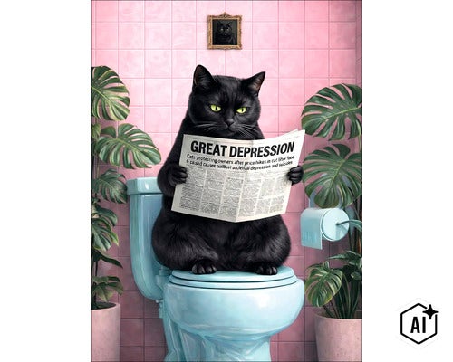 Een zwarte kat zit op een toilet en leest een krant in een betegelde badkamer met planten. (Image AI modified or generated)