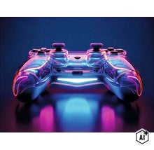 Transparante gaming controller met verlichte accenten voor videospellen. (Image AI modified or generated)