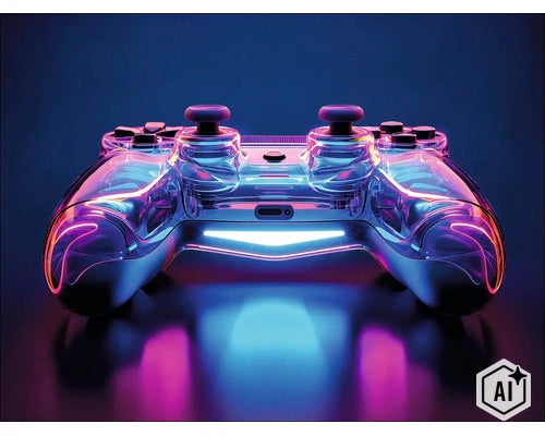 Transparante gaming controller met verlichte accenten voor videospellen. (Image AI modified or generated)