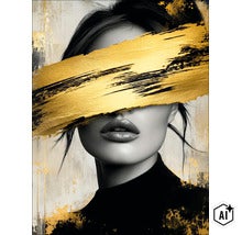 Wanddecoratie portret van een vrouw met abstracte penseelstreek over de ogen, canvas print in moderne stijl (Image AI modified or generated)