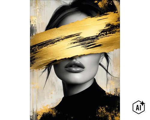 Wanddecoratie portret van een vrouw met abstracte penseelstreek over de ogen, canvas print in moderne stijl (Image AI modified or generated)