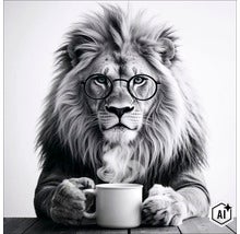 Een leeuw met een bril zit aan tafel en houdt een dampende koffiemok vast. (Image AI modified or generated)