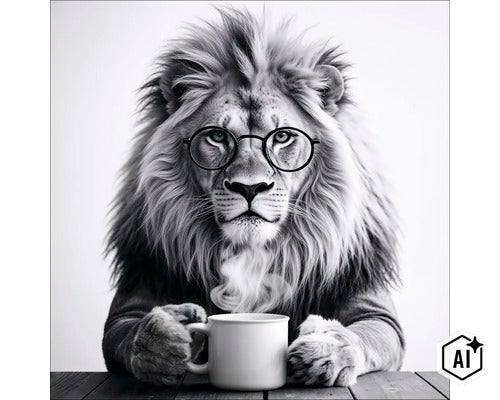Een leeuw met een bril zit aan tafel en houdt een dampende koffiemok vast. (Image AI modified or generated)