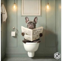 Een Franse bulldog zit op een wandcloset in een badkamer en leest een krant. (Image AI modified or generated)