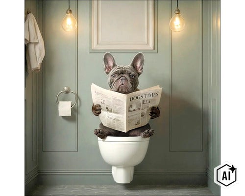 Een Franse bulldog zit op een wandcloset in een badkamer en leest een krant. (Image AI modified or generated)