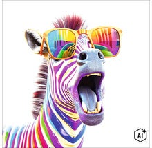Wanddecoratie met een kleurrijke zebra met een zonnebril in popart stijl (Image AI modified or generated)