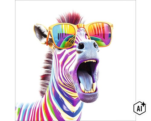 Wanddecoratie met een kleurrijke zebra met een zonnebril in popart stijl (Image AI modified or generated)