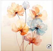 Wanddecoratie met een artistieke weergave van transparante, delicate bloemen in diverse tinten. (Image AI modified or generated)