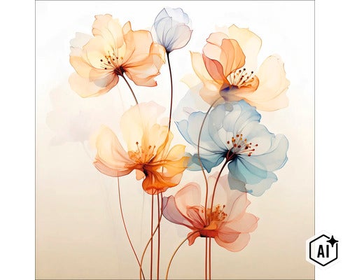 Wanddecoratie met een artistieke weergave van transparante, delicate bloemen in diverse tinten. (Image AI modified or generated)