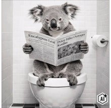 Een koala zit op een wit toilet en leest een krant in een badkamer met wit betegelde muren. (Image AI modified or generated)