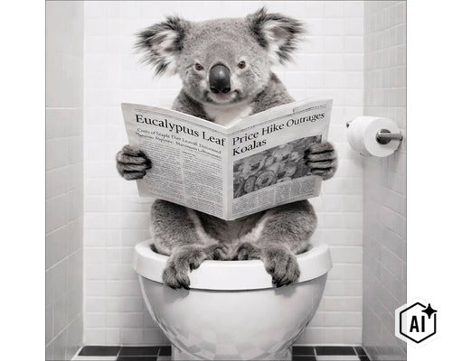 Een koala zit op een wit toilet en leest een krant in een badkamer met wit betegelde muren. (Image AI modified or generated)