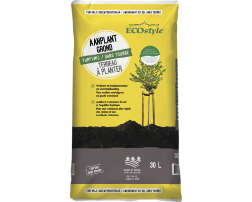 ECOstyle turfvrije aanplantgrond in een verpakking van 30 liter voor bodemverbetering en een snellere wortelgroei van planten.