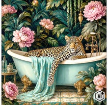 Vrijstaand bad op pootjes in een badkamer met behang met bloemmotief en een luipaard. (Image AI modified or generated)
