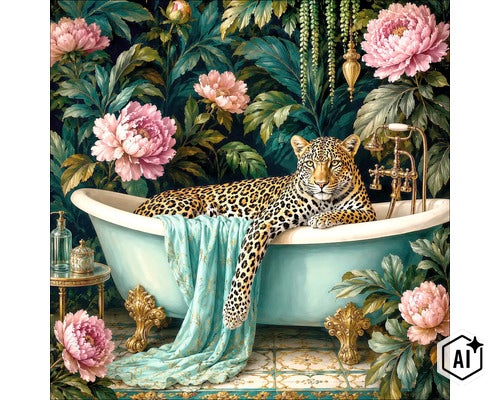 Vrijstaand bad op pootjes in een badkamer met behang met bloemmotief en een luipaard. (Image AI modified or generated)