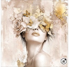Wanddecoratie met abstract motief van een vrouw met bloemen en vlinders als hoofddeksel, ontworpen in een elegante stijl met metallic effecten. (Image AI modified or generated)