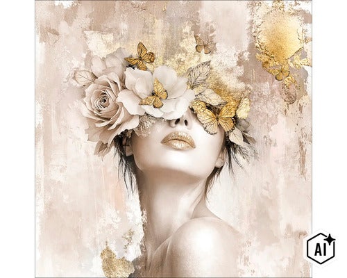 Wanddecoratie met abstract motief van een vrouw met bloemen en vlinders als hoofddeksel, ontworpen in een elegante stijl met metallic effecten. (Image AI modified or generated)