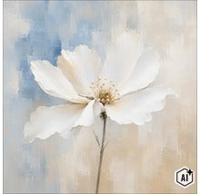 Wanddecoratie met een enkele grote witte bloem tegen een abstracte, gestructureerde achtergrond. (Image AI modified or generated)