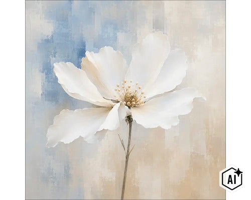 Wanddecoratie met een enkele grote witte bloem tegen een abstracte, gestructureerde achtergrond. (Image AI modified or generated)