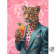 Wanddecoratie met een antropomorfe luipaard in pak die een drankje vasthoudt voor een bloemrijke achtergrond. (Image AI modified or generated)