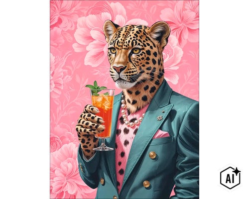 Wanddecoratie met een antropomorfe luipaard in pak die een drankje vasthoudt voor een bloemrijke achtergrond. (Image AI modified or generated)