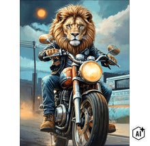 Een leeuw met een leren jas op een motorfiets voor een bewolkte lucht. (Image AI modified or generated)