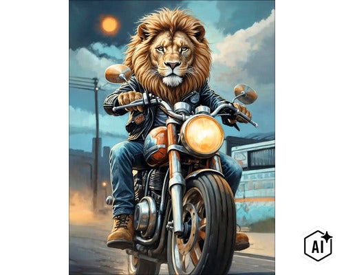 Een leeuw met een leren jas op een motorfiets voor een bewolkte lucht. (Image AI modified or generated)