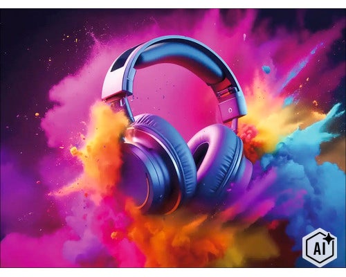 Over ear koptelefoon met zachte oorkussens voor een dynamische poederwolk (Image AI modified or generated)