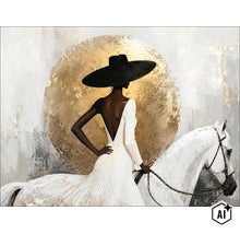 Wanddecoratie met abstract motief van een vrouw in een jurk met hoed op een paard voor een gouden cirkel. (Image AI modified or generated)