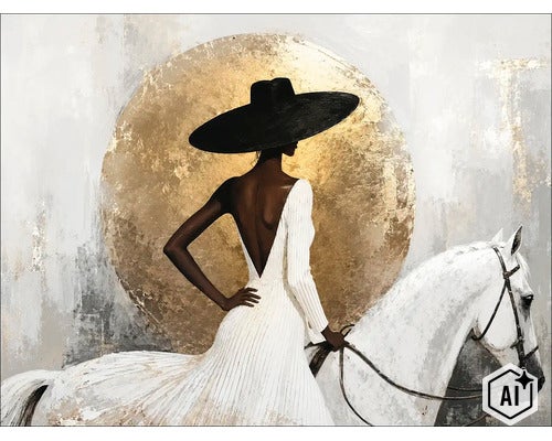Wanddecoratie met abstract motief van een vrouw in een jurk met hoed op een paard voor een gouden cirkel. (Image AI modified or generated)