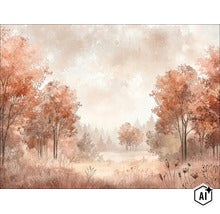 Wandbehang met schilderachtig bosmotief in herfststemming met weide en bomen voor een decoratieve wandafwerking (Image AI modified or generated)