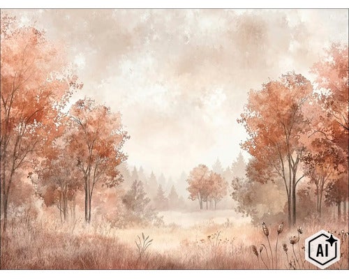 Wandbehang met schilderachtig bosmotief in herfststemming met weide en bomen voor een decoratieve wandafwerking (Image AI modified or generated)