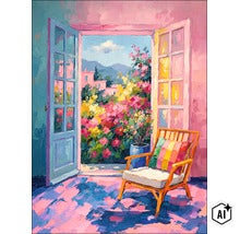 Olieverfschilderij van een zonnige kamer met openslaande deuren, uitzicht op een bloeiende tuin met bergen en een houten stoel met kleurrijk kussen. (Image AI modified or generated)