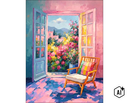 Olieverfschilderij van een zonnige kamer met openslaande deuren, uitzicht op een bloeiende tuin met bergen en een houten stoel met kleurrijk kussen. (Image AI modified or generated)
