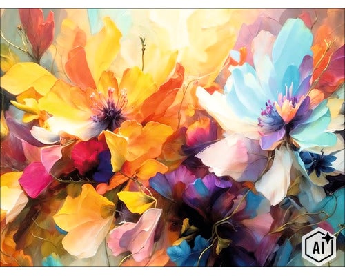 Wanddecoratie met abstract en kleurrijk bloemendesign voor een decoratieve inrichting. (Image AI modified or generated)