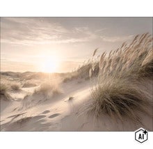 Wanddecoratie met een afbeelding van zandduinen en helmgras bij zonsondergang voor een natuurlijke sfeer. (Image AI modified or generated)