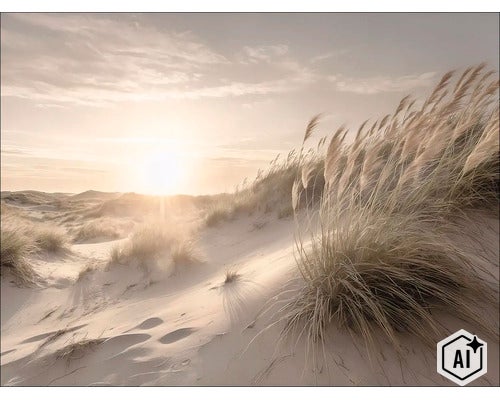 Wanddecoratie met een afbeelding van zandduinen en helmgras bij zonsondergang voor een natuurlijke sfeer. (Image AI modified or generated)