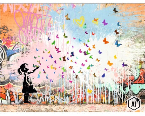 Wanddecoratie met graffitikunstwerk van een kind en vlinders op een bakstenen muur. (Image AI modified or generated)