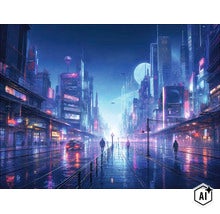Futuristische stadsgezicht bij nacht met hoge wolkenkrabbers, verlichte reclameborden en een natte straat in een regenachtige sfeer. (Image AI modified or generated)